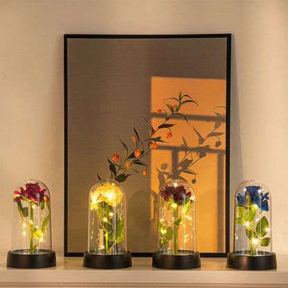 Glowing Artificial Rose Flower Gift in Glass