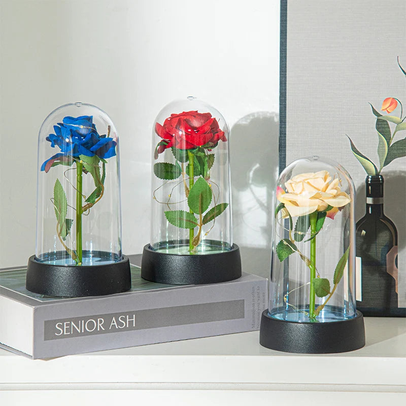 Glowing Artificial Rose Flower Gift in Glass