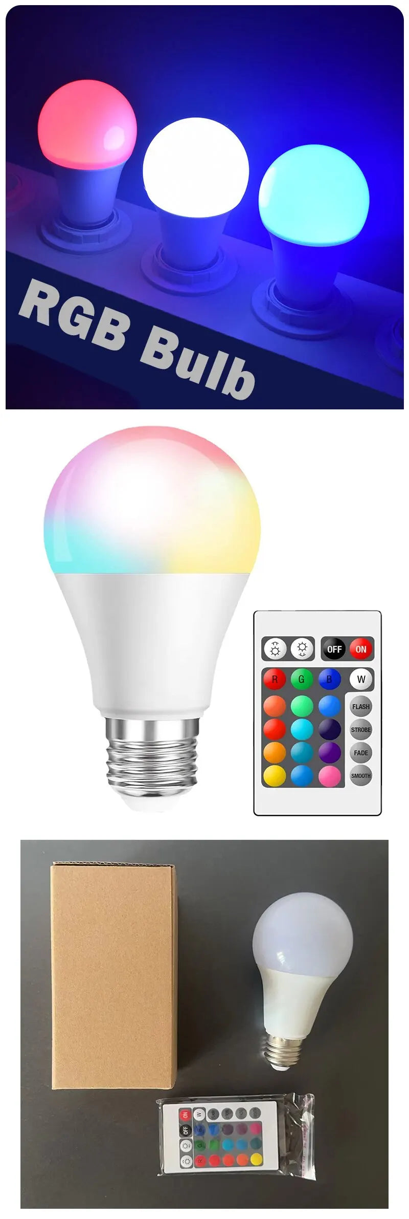 16-Color RGB LED Bulb E27 with Dimmer & 24-Key Remote