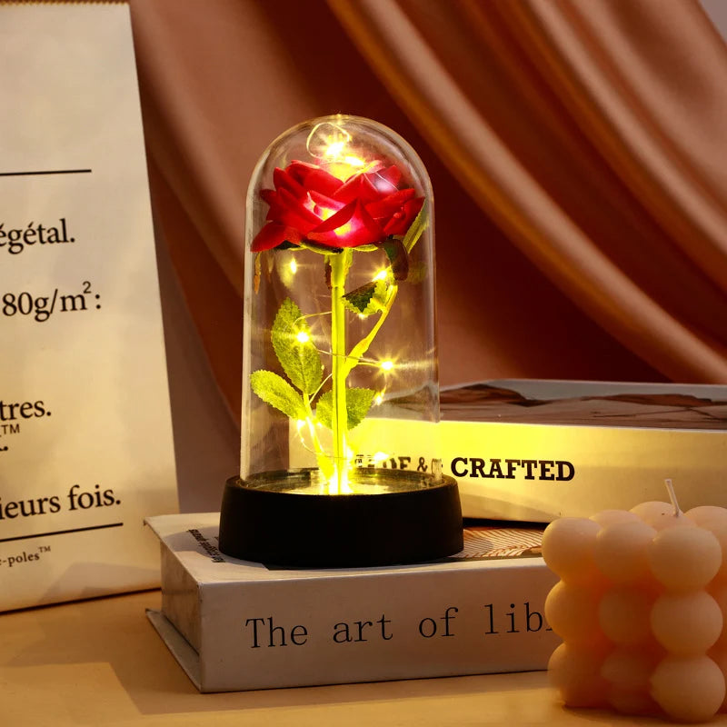 Glowing Artificial Rose Flower Gift in Glass