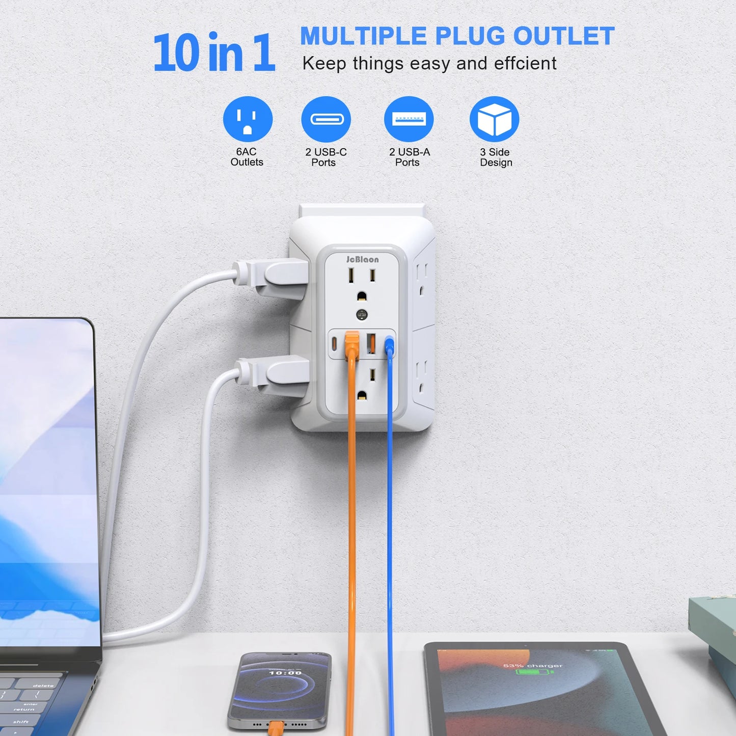 Multi Socket Wall Outlet with 6 AC & 4 USB Ports