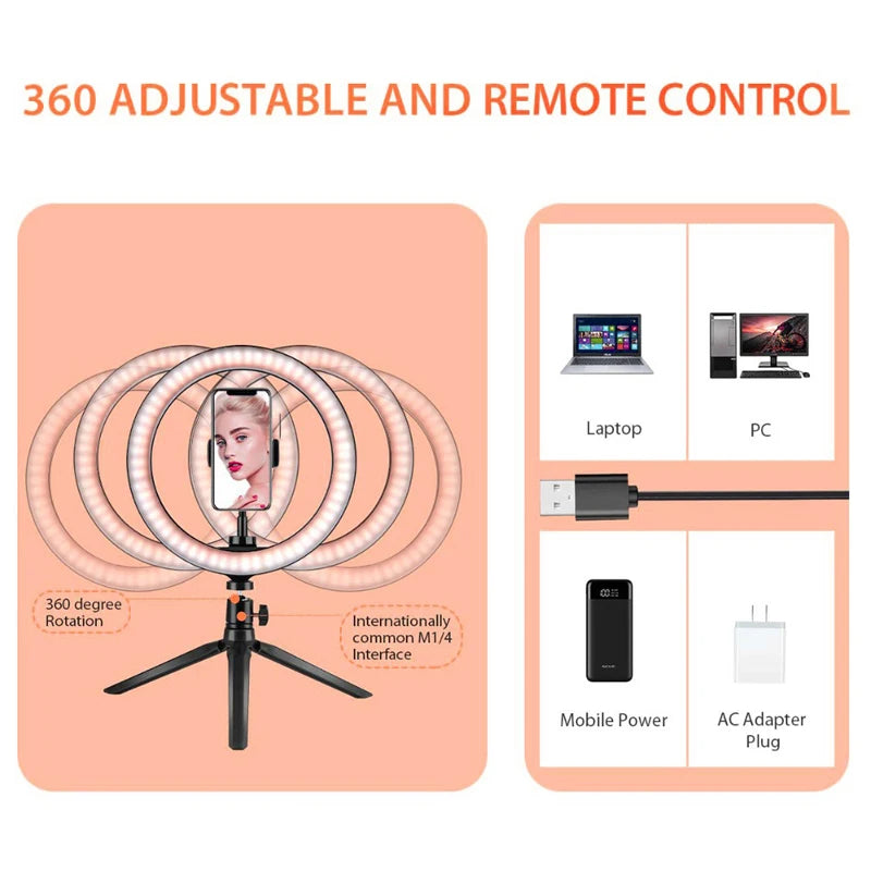 LED Selfie Ring Light with Tripod Stand & USB Remote