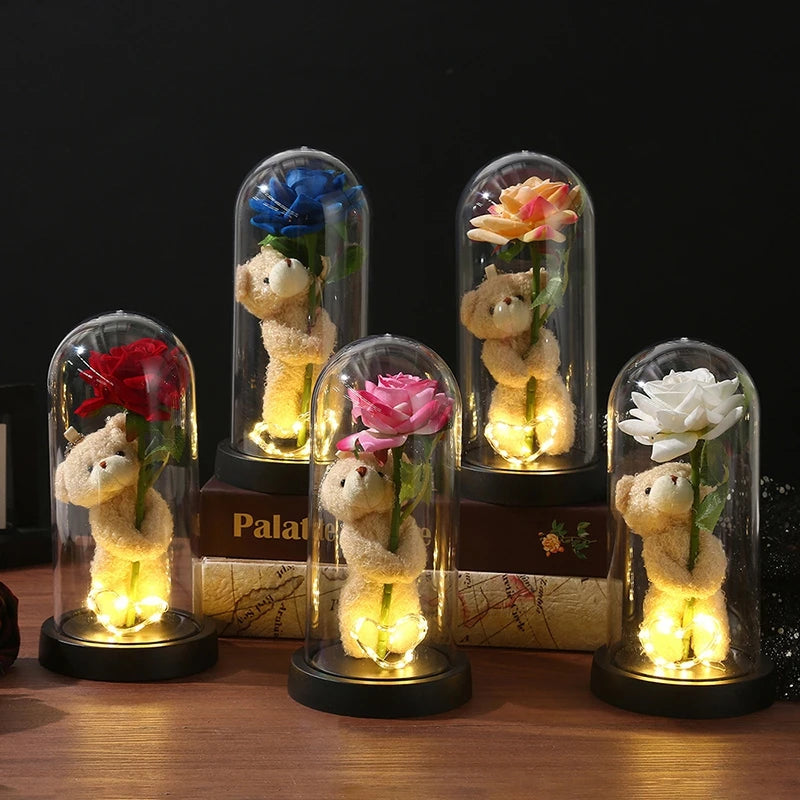 Glowing Artificial Rose Flower Gift in Glass