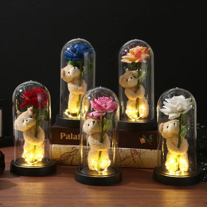 Glowing Artificial Rose Flower Gift in Glass