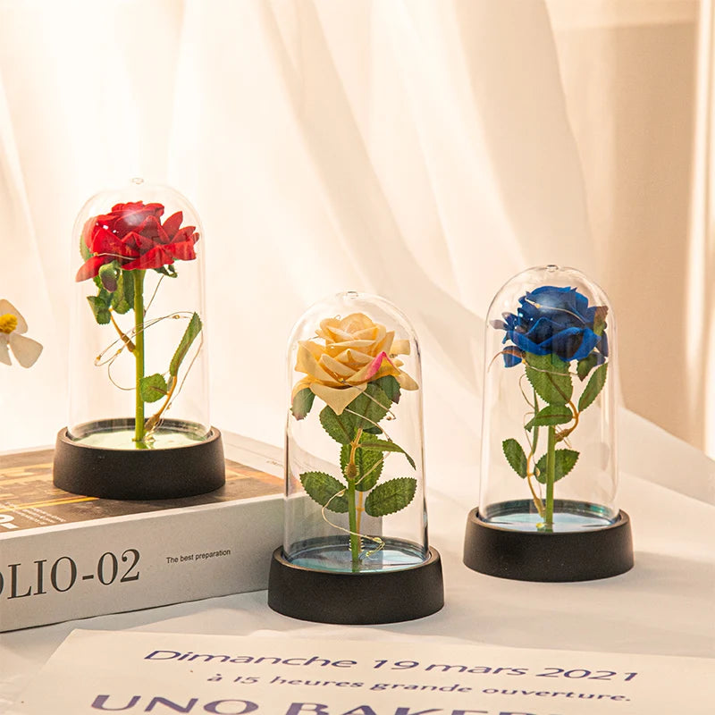 Glowing Artificial Rose Flower Gift in Glass