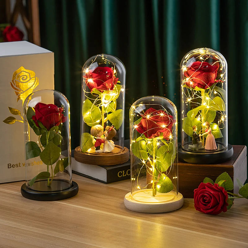 Glowing Artificial Rose Flower Gift in Glass