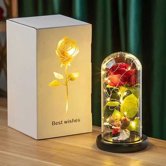 Glowing Artificial Rose Flower Gift in Glass