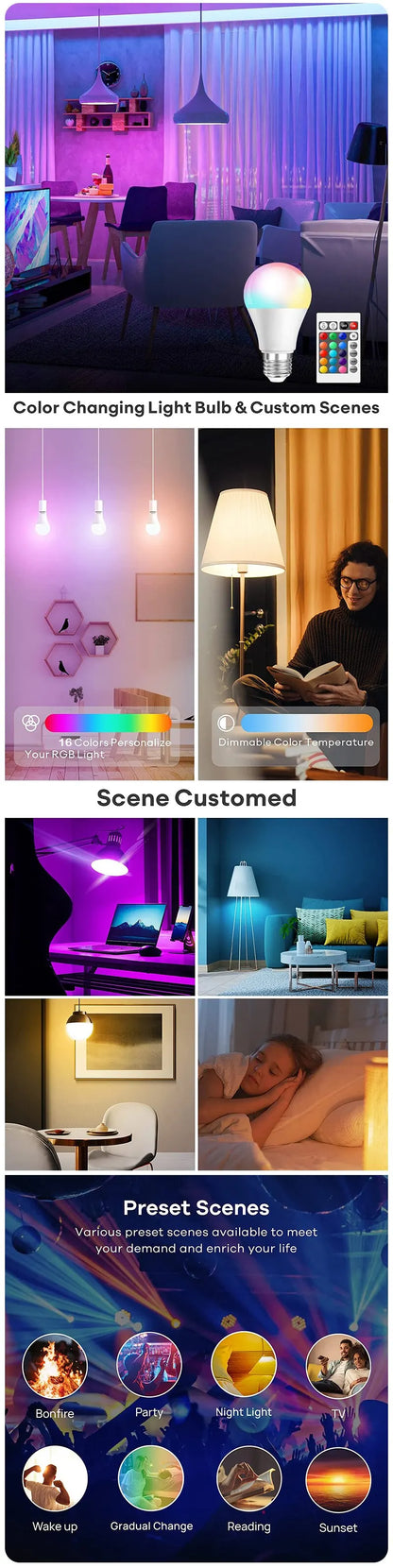 16-Color RGB LED Bulb E27 with Dimmer & 24-Key Remote